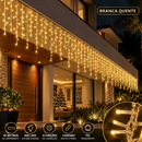 Cascata de Natal 400 Leds 10 Metros Conexão Macho E Fêmea Prova D'água Função Luzes De Natal Pisca Pisca Branco Quente